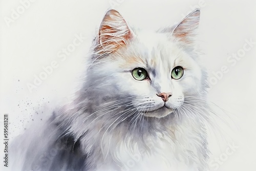 Watercolor white cat illustration white background,Generative AI