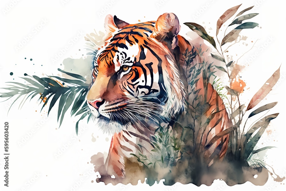 custom made wallpaper toronto digitalWatercolor tiger illustration white background,Generative AI