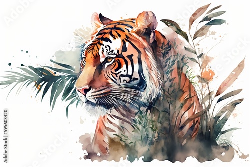 Wallpaper Mural Watercolor tiger illustration white background,Generative AI Torontodigital.ca