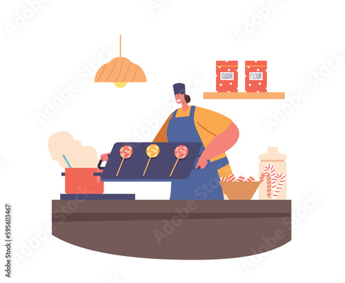 Pastry Chef Female Character Cooking Caramel Lollipops on Kitchen. Woman Makes Delightful Desserts, Vector Illustration