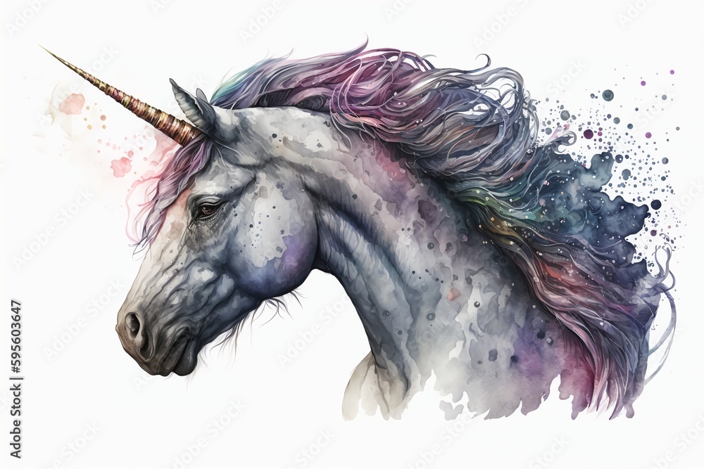 Obraz premium Watercolor unicorn illustration white background,Generative AI