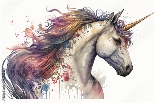 Watercolor unicorn illustration white background Generative AI