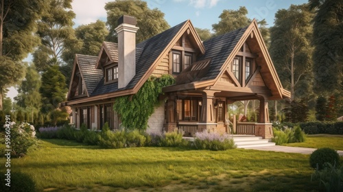 Cottage exterior house design in daytime golden hour generative ai