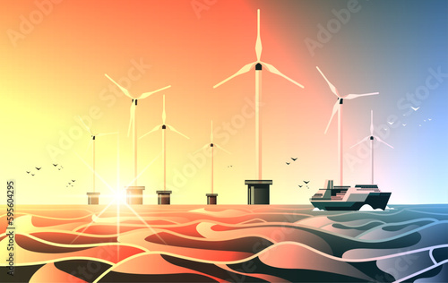 offshore wind farm with turbines and ship in sea or ocean renewable water station energy production alternative power generation