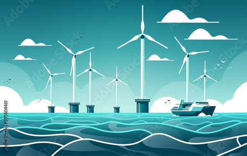 offshore wind farm with turbines and ship in sea or ocean renewable water station energy production alternative power generation