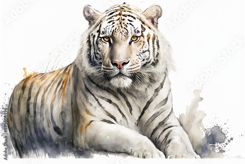 Watercolor white tiger illustration white background Generative AI