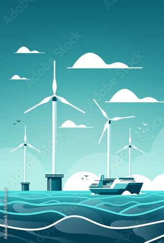 offshore wind farm with turbines and ship in sea or ocean renewable water station energy production alternative power generation