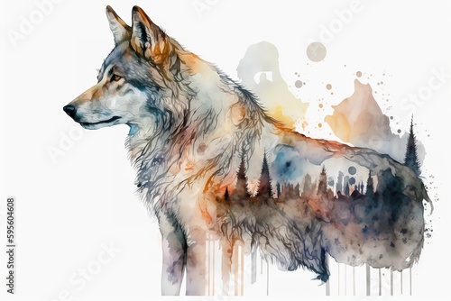 Watercolor white wolf illustration white background,Generative AI