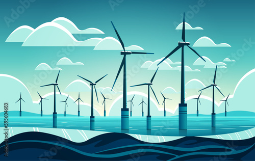 offshore wind farm with turbines in sea or ocean renewable water station energy production alternative power generation concept
