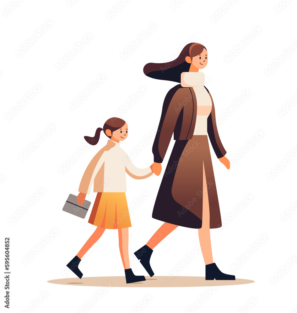 mother and little daughter walking together mom taking girl to school or kindergarten motherhood happy family mother and little daughter walking together mom taking girl to school or kindergarten motherhood happy family