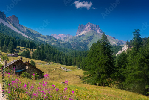 Beautiful mountain landscape of the valley in front of Mount Thabor, Alps,  France photo