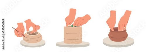 Potter's Hands Gently Shape The Clay, Transforming It Into A Unique And Beautiful Creation, Cartoon Vector Illustration
