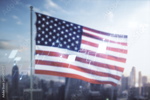 Multi exposure of virtual abstract financial diagram on US flag and city background, banking and accounting concept