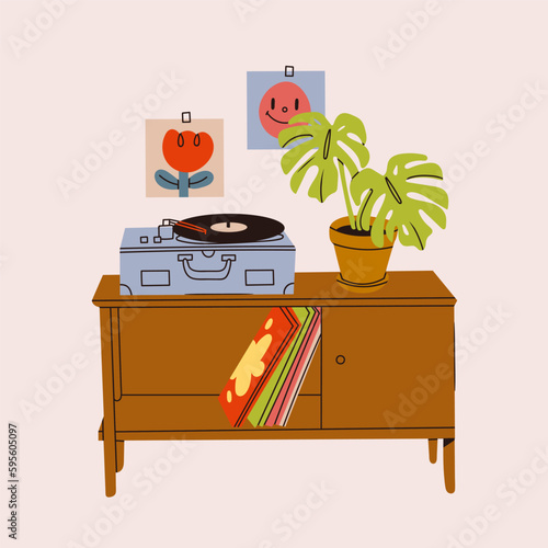 Vinyl record player, records, home plant, wooden commode. Hand drawn Vector isolated illustration. Home decor, retro style apartment, music, audio device, interior composition, coziness concept