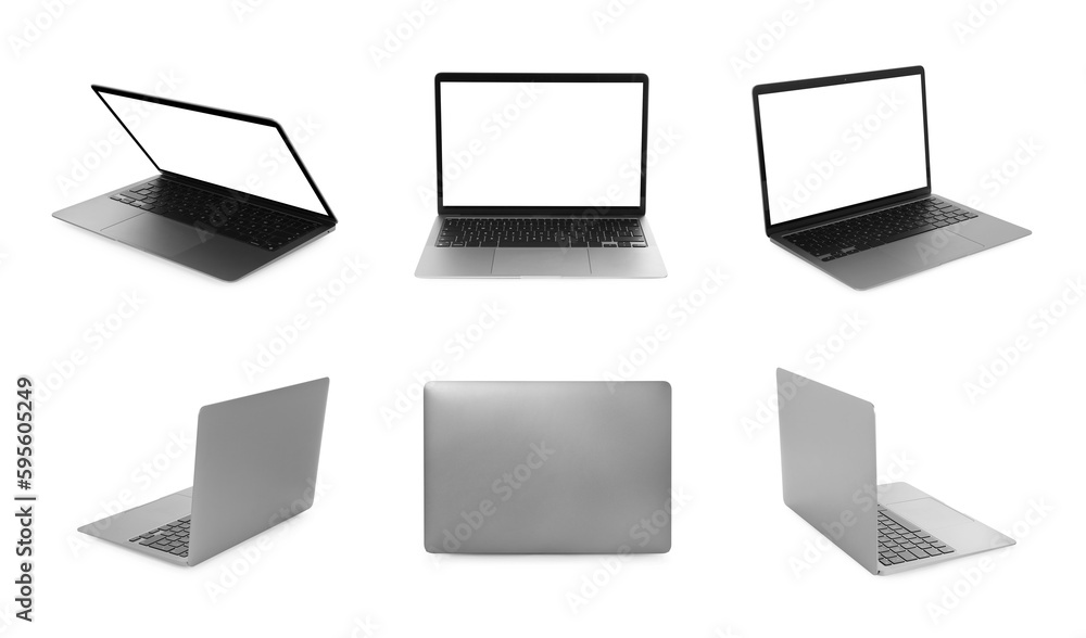 Collage with modern laptop isolated on white, different sides Collage with modern laptop isolated on white, different sides