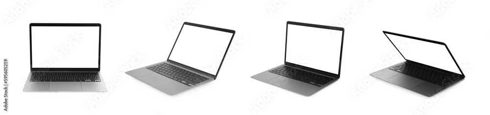 Collage with modern laptop isolated on white, different sides Collage with modern laptop isolated on white, different sides
