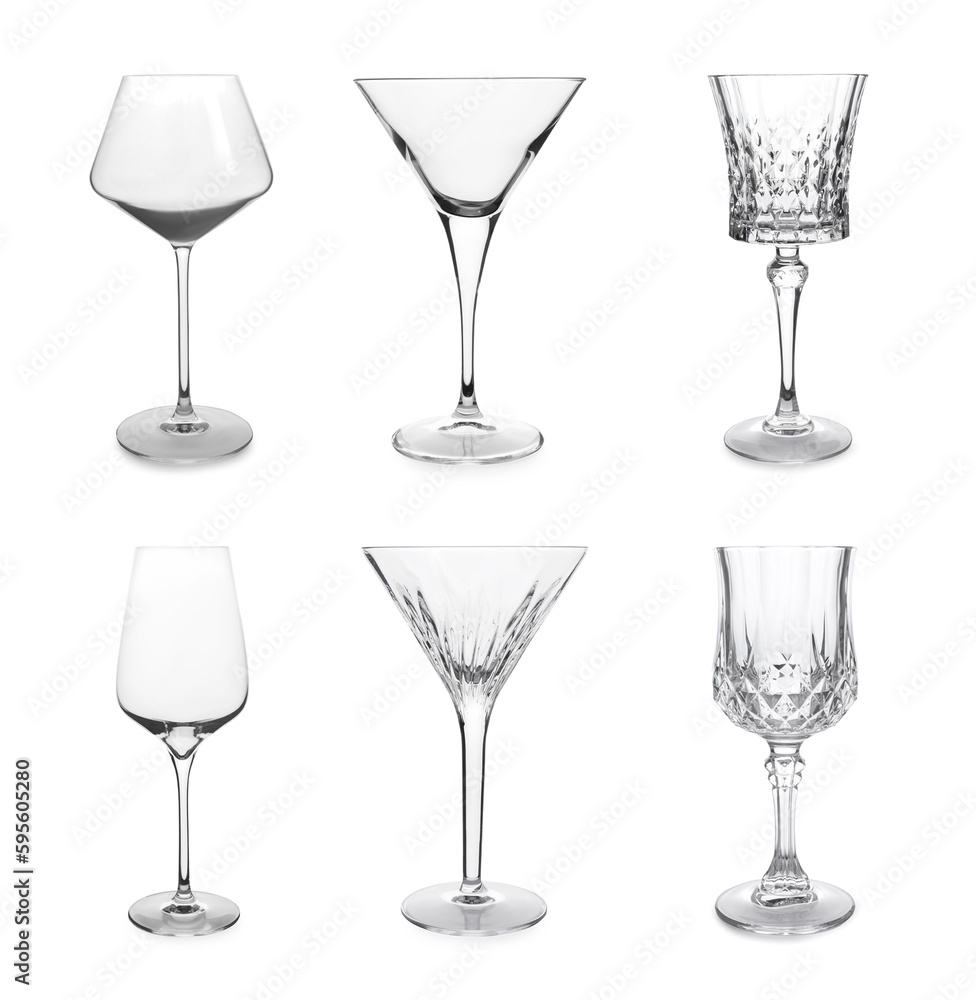 Collage with different empty glasses on white background Collage with different empty glasses on white background