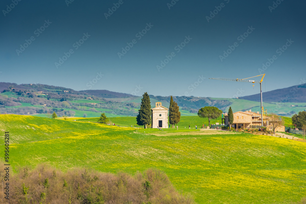 Chapel with cypresses in the middle of the field, Cappella Madonna di Vitaleta, Siena, Tuscany, Italy Chapel with cypresses in the middle of the field, Cappella Madonna di Vitaleta, Siena, Tuscany, Italy
