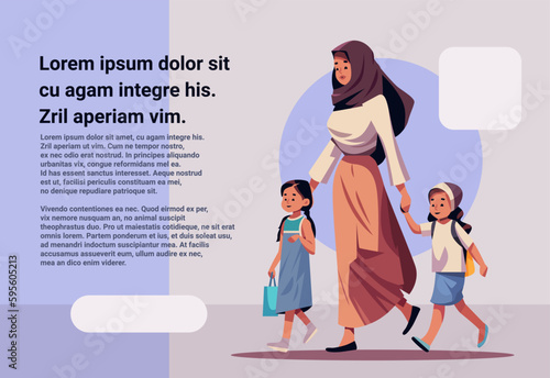 arab mother and little children walking together mom taking daughters to school or kindergarten motherhood