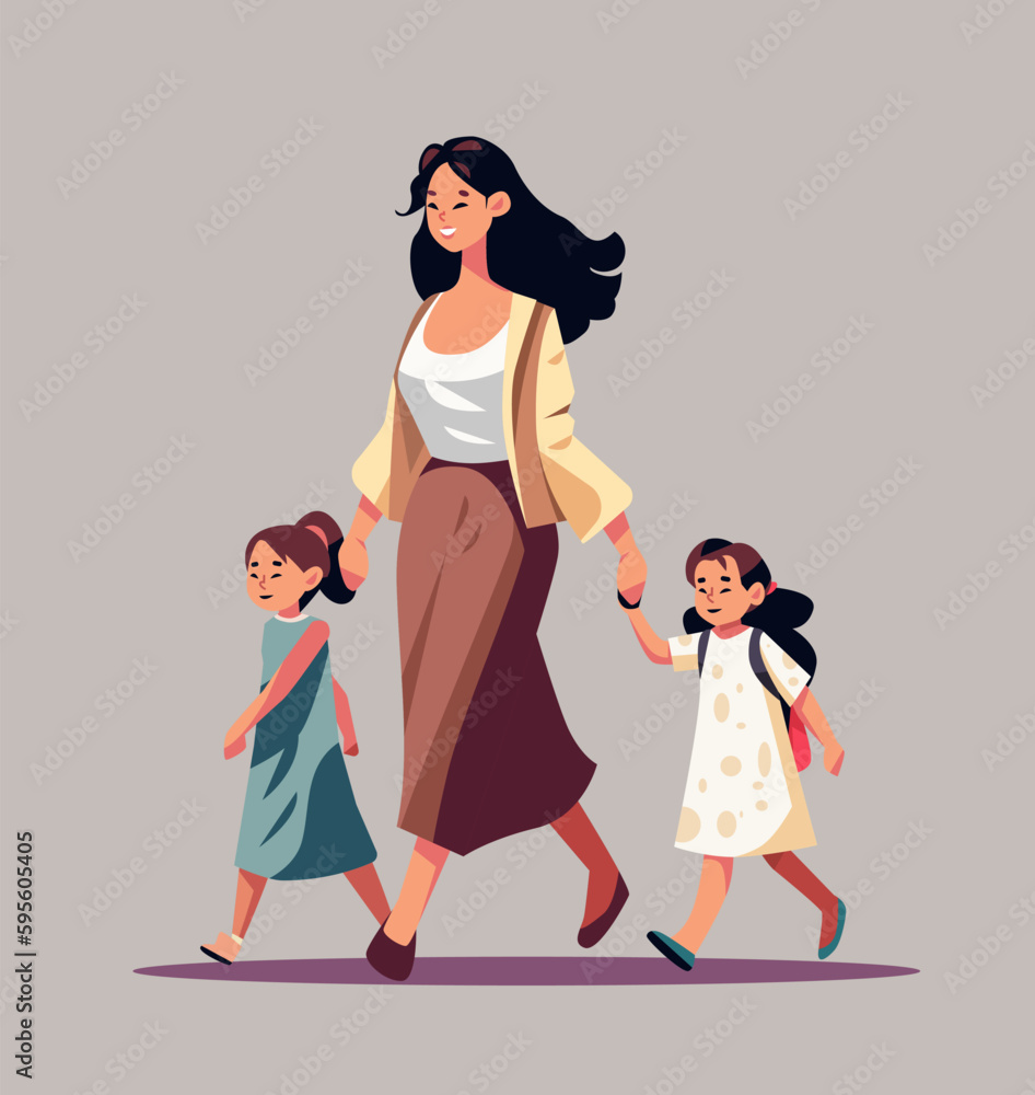 mother and little children walking together asian mom taking daughters to school or kindergarten motherhood happy family mother and little children walking together asian mom taking daughters to school or kindergarten motherhood happy family