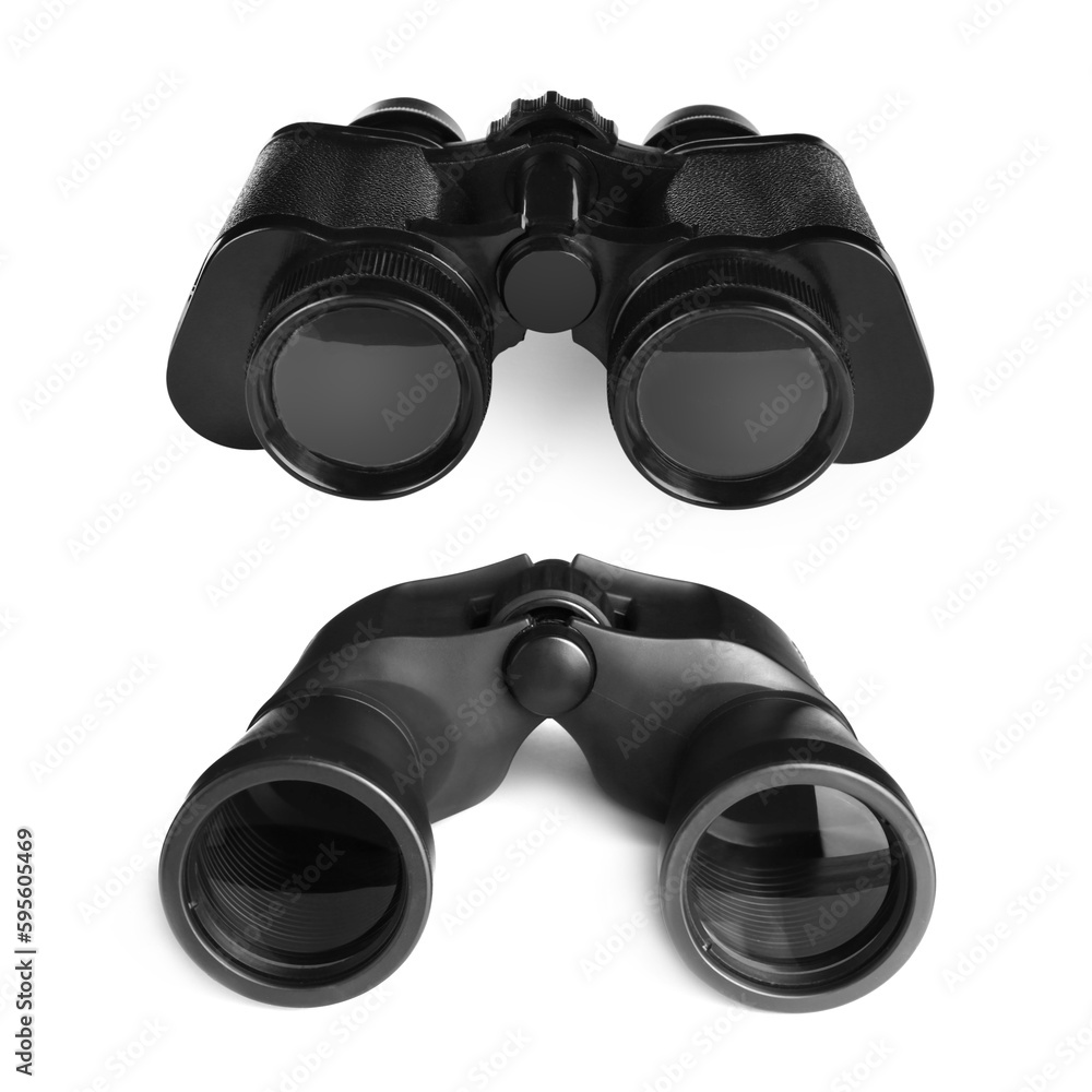 Two different black binoculars on white background Two different black binoculars on white background