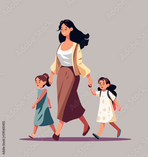 Fototapeta Naklejka Na Ścianę i Meble -  mother and little children walking together asian mom taking daughters to school or kindergarten motherhood happy family