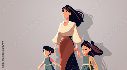 mother and little children walking together asian mom taking daughters to school or kindergarten motherhood happy family