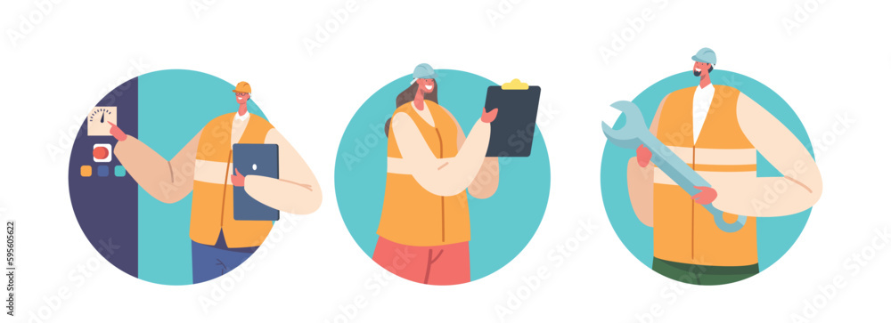 Worker Engineer Male and Female Characters On Factory Oversees Production, Troubleshoots Machinery, Round Icons Worker Engineer Male and Female Characters On Factory Oversees Production, Troubleshoots Machinery, Round Icons