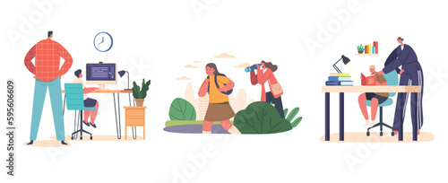 Parental Supervision And Overprotection Of Children Concept With Parent Characters Monitoring Kids Activities
