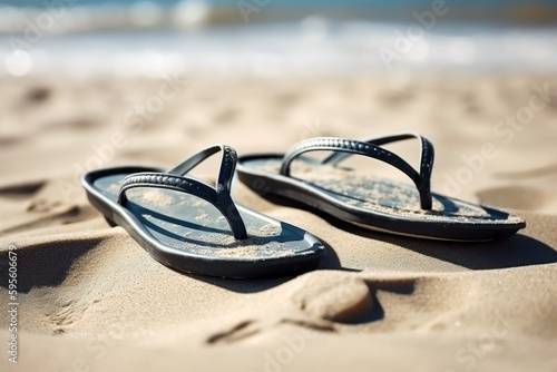Colorful flip flops on the sandy beach close up. Summer holidays accessory, Generative AI