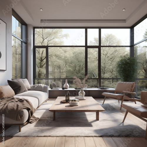 Modern living room mockup, large windows, wood furniture, style of naturalistic rendering, realistic, atmospheric ambiance, natural light, moody tonalism, interior living room, interior design © Maximilian