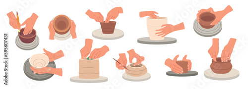 Set of Skilled Hands Work The Clay On The Potter's Wheel, Shaping It Into Beautiful Pieces Of Art, Cartoon Illustration