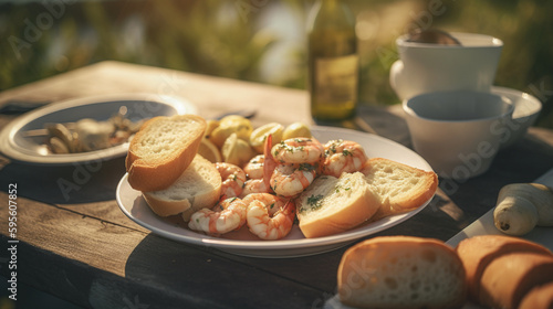 Shrimps with toast on the plate on the table, outdoors. Generative AI. 