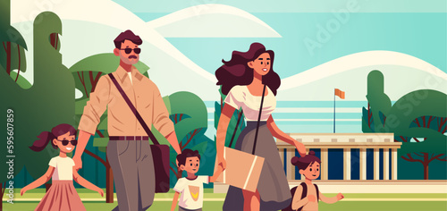 parents and little children walking together in urban park mother father and kids standing together parenthood big family
