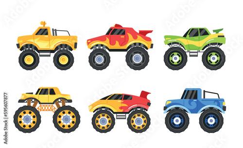 Set Of Monster Trucks, Each Adorned With Unique Designs And Colors, Ready To Thrill The Audience With Impressive Stunts
