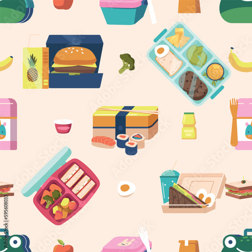 Lunchbox Seamless Pattern Featuring Colorful Assortment Of Lunchboxes In Various Sizes And Styles, Repeating Ornament