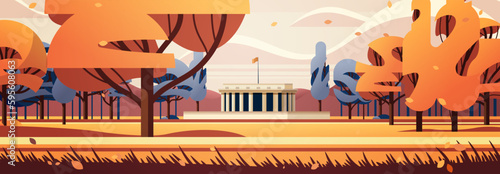 front view of administrative governmental traditional classic building with columns public autumn city park