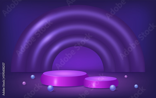 Fototapeta Naklejka Na Ścianę i Meble -  Abstract room with purple plastic pedestal podium, arch shape and balls
