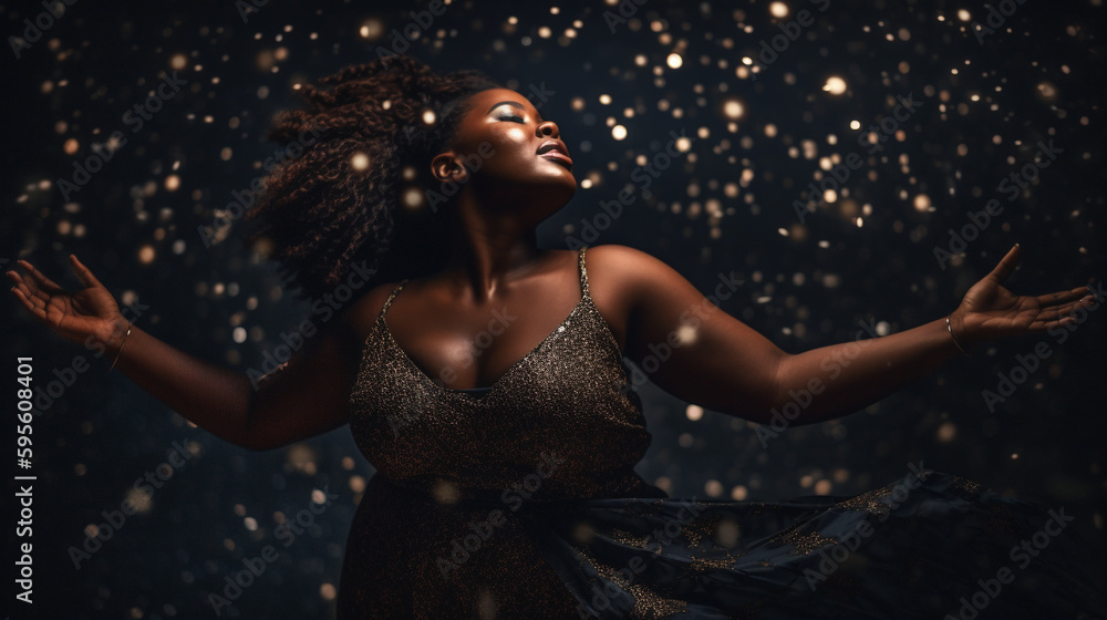 Body positivity and inclusion image of plus sized dark skinned woman dancing in glowing sparks - Generative AI Body positivity and inclusion image of plus sized dark skinned woman dancing in glowing sparks - Generative AI