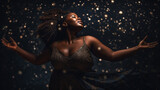 Body positivity and inclusion image of plus sized dark skinned woman dancing in glowing sparks - Generative AI