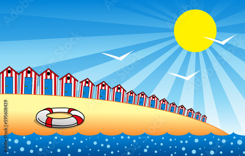 Sfondo estivo, spiaggia e cabine stabilimento balneare