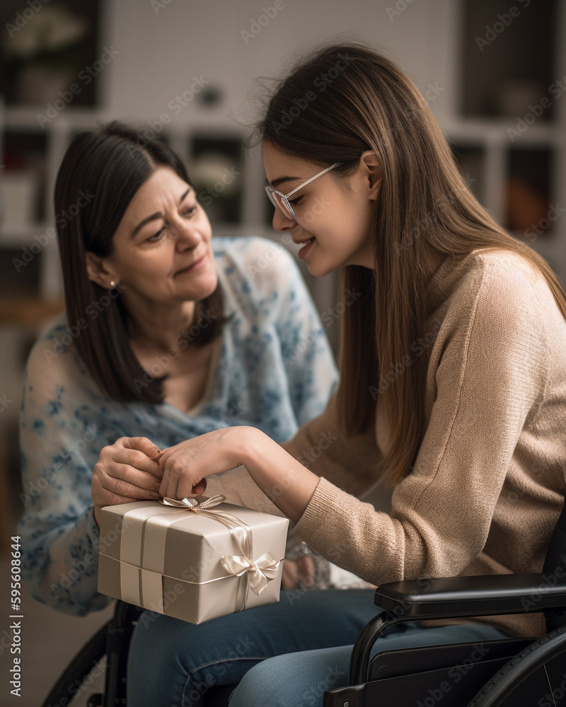Daughter handing wrapped mothers day gift to her disabled mother who is