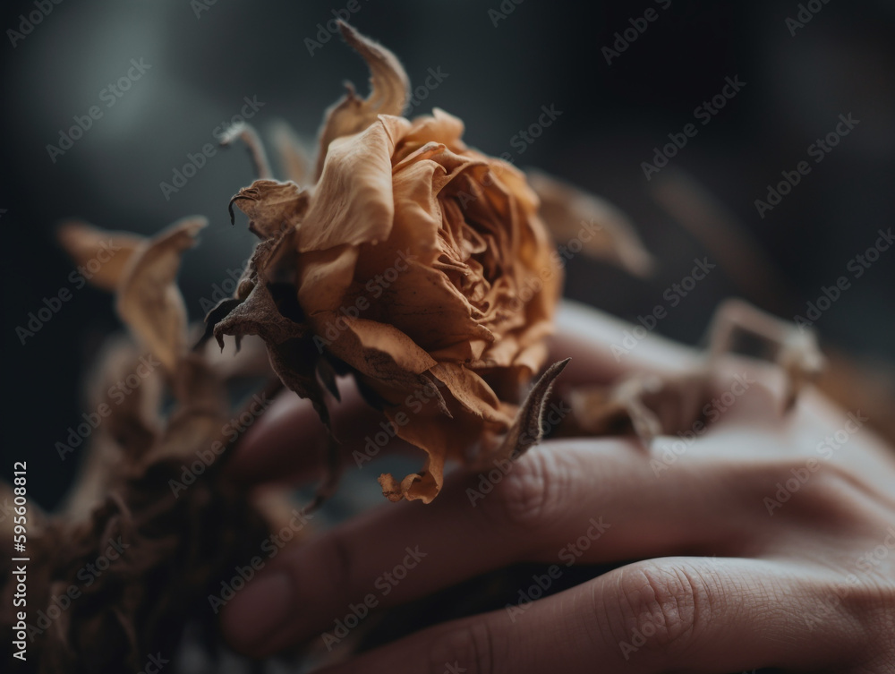 Symbol of depression, dark scene hands holding a withered flower