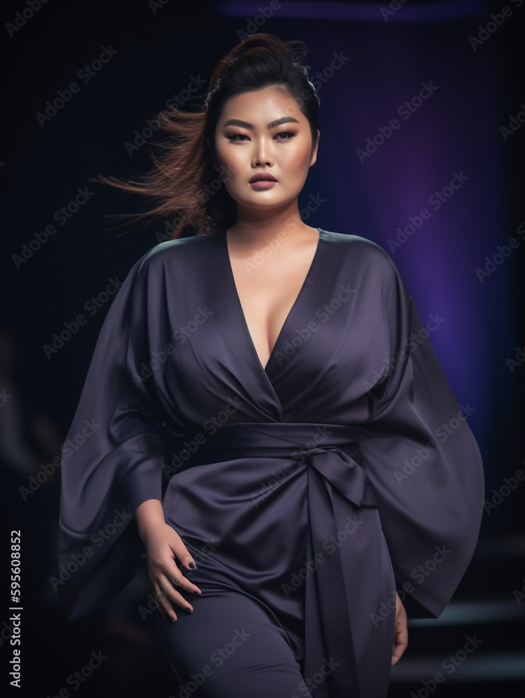 Body positivity image of plus sized asian woman modelling on a cat walk - Generative AI