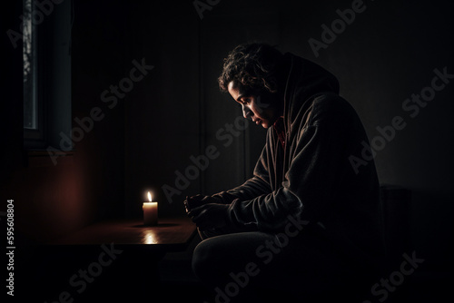 Depressed young woman sitting in dark room with lit orange candles in front of her - Generative AI