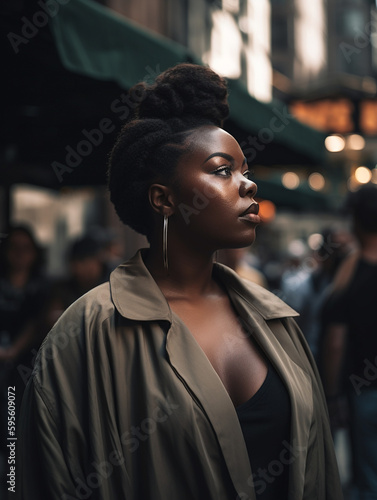 Attractive young dark skinned model walking through a populated city - Generative AI