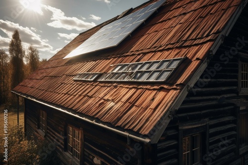 Solar panel on Finnish barn roof. Generative AI