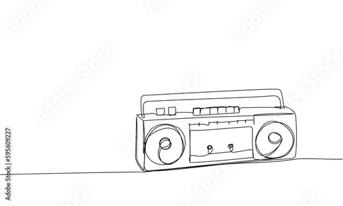 Record player, tape recorder one line art. Continuous line drawing of tape, retro, cassette, vintage, hipster, music, compact, radio, audio, player, stereo, sound, boombox, 80s, disco, 90s