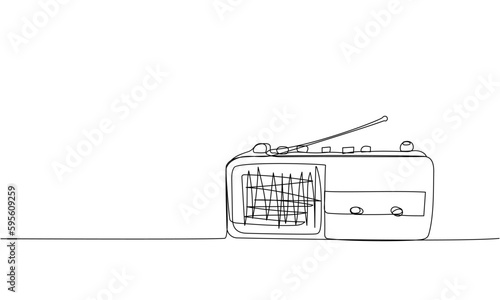 Portable radio player, tape recorder one line art. Continuous line drawing of receiver, radio, broadcast, listen, antenna, wireless, station, fm, audio, portable, vintage, retro, record, mp3, 80s, 90s