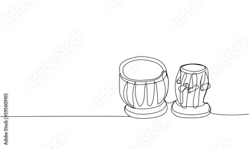 Tabla drum one line art. Continuous line drawing of sound, beat, ethnic, indian, rhythm, musician, band, acoustic, drum, music, percussion.